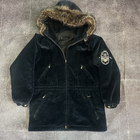 Women's Vintage 80's Bogner USA Navy Blue Velour Raccoon Fur Winter Jacket Sz 10 - Picture 1 of 6